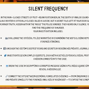 Puede incluir: Un p&oacute;ster con el t&iacute;tulo "SILENT FREQUENCY" que describe una investigaci&oacute;n de asesinato en Berl&iacute;n. La investigaci&oacute;n incluye el examen de informes, el descubrimiento de secretos y la ruptura de c&oacute;digos. El texto es negro sobre un fondo amarillo.