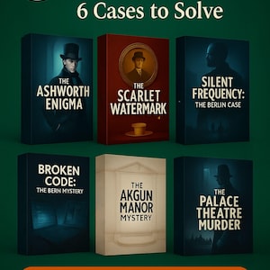 May include: An Etsy exclusive digital download bundle featuring six detective cases to solve. Each case is represented by a book cover with titles like "The Ashworth Enigma" and "The Scarlet Watermark." The image includes the text "Instant Digital Download."