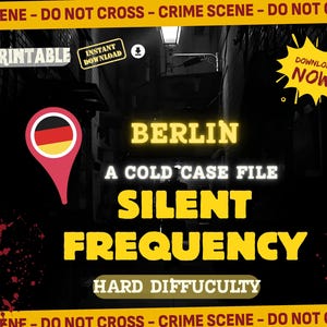 Puede incluir: Gráfico de descarga digital con fondo negro, con el texto "BERLÍN" y "SILENT FREQUENCY". Hay un marcador de mapa con la bandera alemana. También son visibles las palabras "PRINTABLE" e "INSTANT DOWNLOAD".