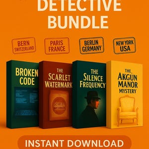 May include: An Etsy exclusive 4-game detective bundle with book covers in green, red, blue, and yellow. Titles include "Broken Code," "The Scarlet Watermark," "The Silence Frequency," and "The Akgun Manor Mystery." The image has an orange background.