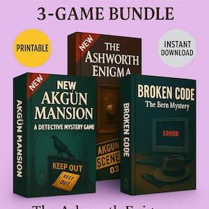 Pakiet 3 gier detektywistycznych, pliki nierozwiązanych spraw do druku, gry kryminalne, natychmiastowe pobieranie, zabawa w noc gier, gra na imprezę świąteczną