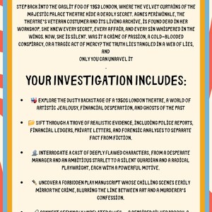 Puede incluir: Un p&oacute;ster con el t&iacute;tulo "The Ashworth Enigma". El texto describe un misterio ambientado en el Londres de 1953, con pistas e investigaciones. El fondo tiene un dise&ntilde;o colorido y vintage.