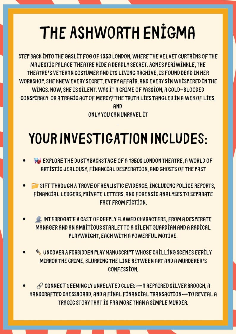Puede incluir: Un p&oacute;ster con el t&iacute;tulo "The Ashworth Enigma". El texto describe un misterio ambientado en el Londres de 1953, con pistas e investigaciones. El fondo tiene un dise&ntilde;o colorido y vintage.