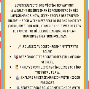 Puede incluir: Un p&oacute;ster colorido con el t&iacute;tulo "The Akg&uuml;n Manor Mystery". El texto describe un juego de misterio de asesinato con siete sospechosos, una v&iacute;ctima y un escenario de habitaci&oacute;n cerrada. El juego implica resolver el misterio explorando una mansi&oacute;n y analizando l&iacute;neas de tiempo.