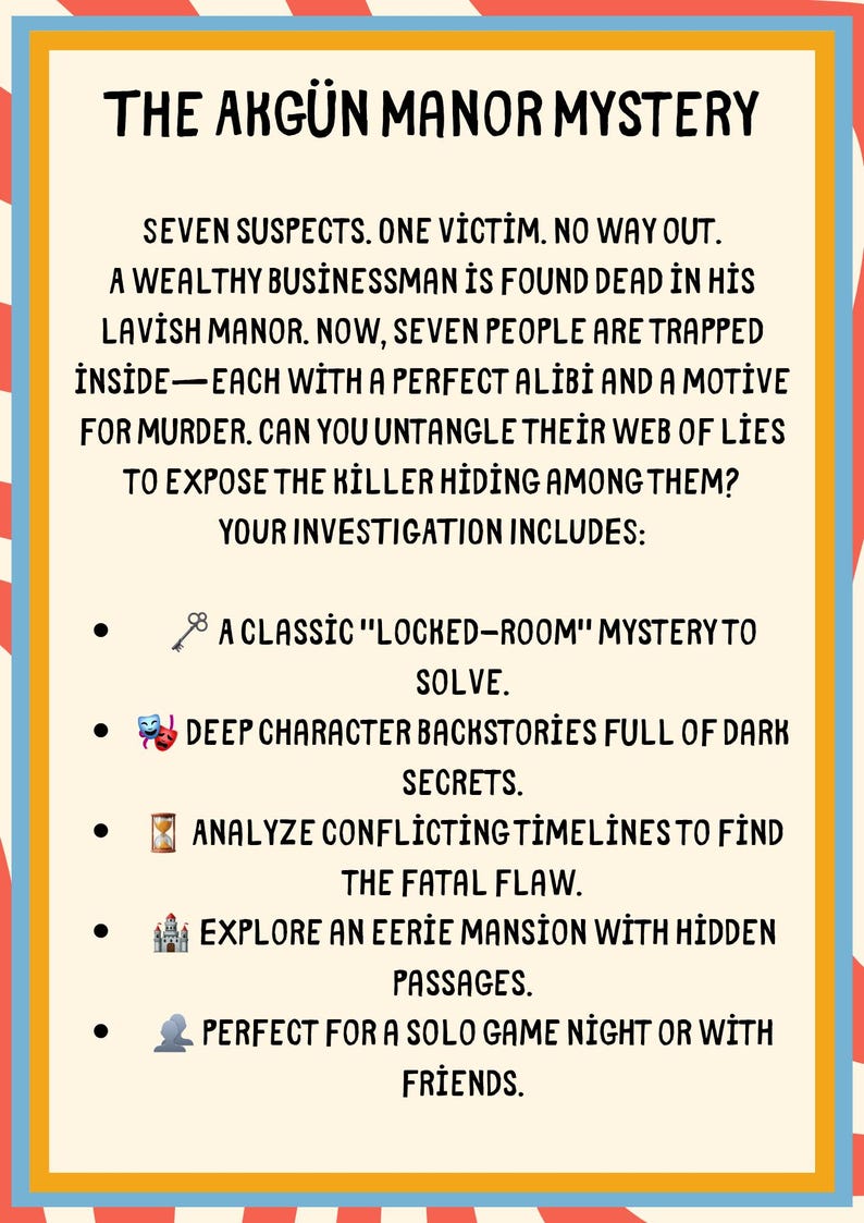 Puede incluir: Un p&oacute;ster colorido con el t&iacute;tulo "The Akg&uuml;n Manor Mystery". El texto describe un juego de misterio de asesinato con siete sospechosos, una v&iacute;ctima y un escenario de habitaci&oacute;n cerrada. El juego implica resolver el misterio explorando una mansi&oacute;n y analizando l&iacute;neas de tiempo.