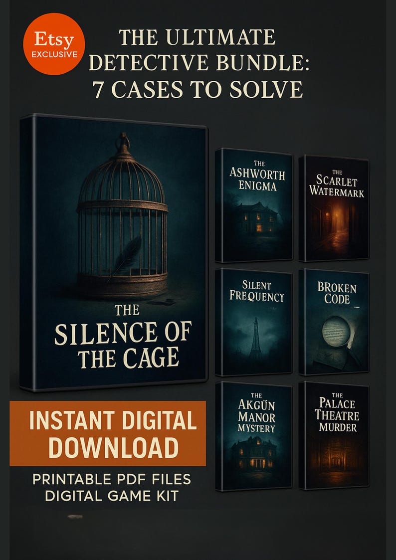 Puede incluir: Un paquete de detectives digitales con siete casos para resolver. La imagen muestra portadas de libros con t&iacute;tulos como "The Silence of the Cage" y "The Ashworth Enigma". Incluye el texto "Descarga digital instant&aacute;nea" y "Kit de juego digital PDF imprimible".