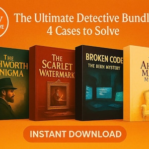 Op de afbeelding: Een Etsy exclusieve afbeelding met vier mysterieboeken: "The Ashworth Enigma", "The Scarlet Watermark", "Broken Code" en "The Akgun Manor Mystery". De boeken staan op een oranje achtergrond met de tekst "The Ultimate Detective Bundle: 4 Cases to Solve" en "Instant Download".