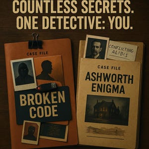 Peut inclure: Deux dossiers marrons avec le texte "CASE FILE" sur chacun. Le dossier de gauche a le texte "BROKEN CODE" et le dossier de droite a le texte "ASHWORTH ENIGMA". Le dossier de droite a également une petite note jaune avec le texte "CONFLICTING ALIBIS".