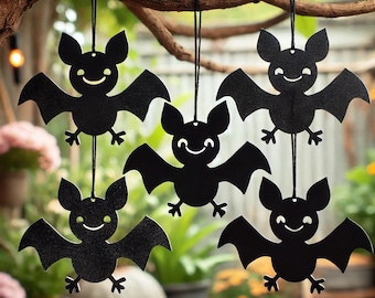 Set of 5 Hanging Smiling Bat Decorations - Halloween Garden Decor