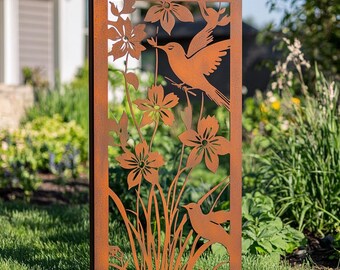 Rustic Hummingbirds and Flowers Metal Garden Panel - Garden Decor