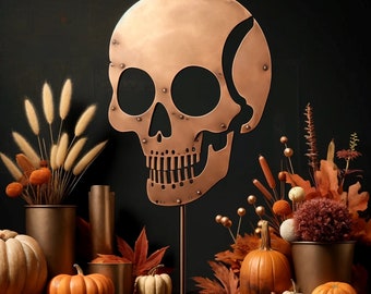 Estaca de metal con forma de calavera rústica hecha a mano para jardín: decoración de Halloween para jardín