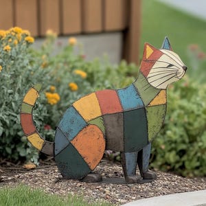 May include: A colorful metal cat sculpture with a patchwork design in shades of blue, green, yellow, orange, and brown. The cat is sitting with its tail curled around its body.