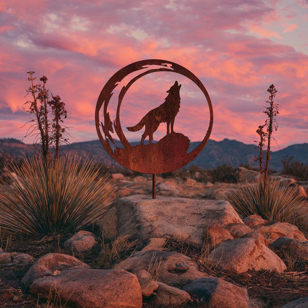 Rustic Howling Wolf Metal Circle Sculpture With Stakes – Moonlit Garden ...