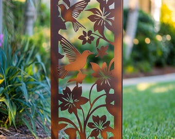 Weathered Hummingbirds and Flowers Metal Garden Panel - Garden Decor