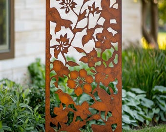 Rustic Bird and Floral Metal Garden Panel - Garden Decor