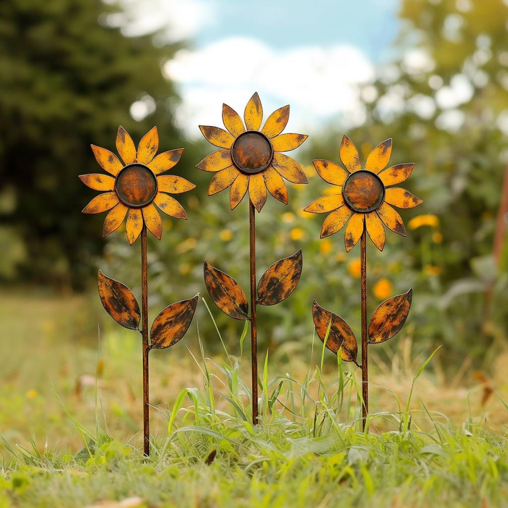 Rustic Metal Sunflower Garden Stakes - Set of 3 - Garden Stake