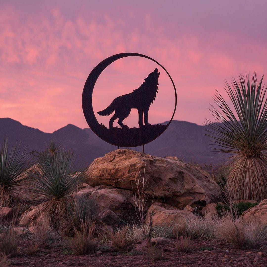 Rustic Wolf and Crescent Moon Metal Circle Sculpture With Stakes ...
