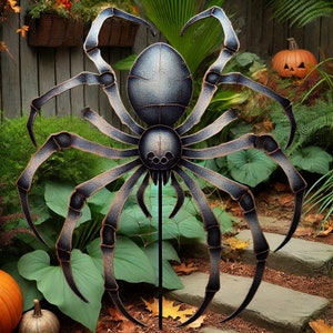 Könnte beinhalten: Ein großer, schwarzer Metall-Spinnen-Gartenpfahl mit detailliertem Design. Die Spinne hat acht Beine und einen großen, runden Körper. Der Pfahl ist so konzipiert, dass er in den Boden gesteckt werden kann.