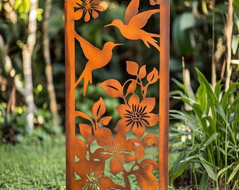 Rustic Hummingbirds and Floral Metal Garden Panel - Garden Decor