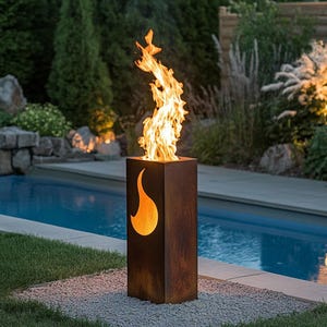 Può includere: Un focolare da esterno moderno con finitura in metallo arrugginito e un'apertura a forma di fiamma. Il focolare è posizionato vicino a una piscina in un giardino.