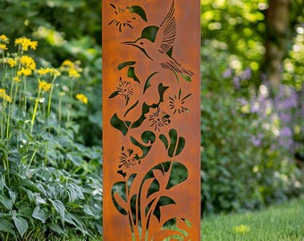 Rustic Hummingbird Floral Metal Garden Panel - Garden Decor