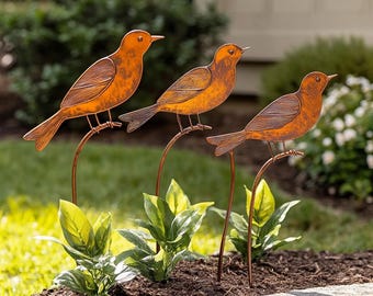 Set of Three Bird Rustic Metal Garden Stakes - Garden Stake