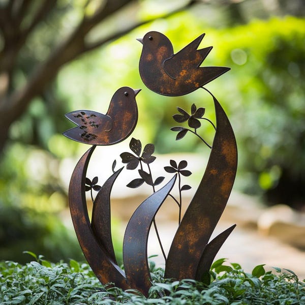 Rustic Metal Bird Garden Sculpture - Garden Stake