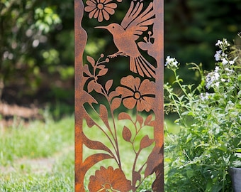 Weathered Hummingbird and Wildflower Metal Garden Panel - Garden Decor