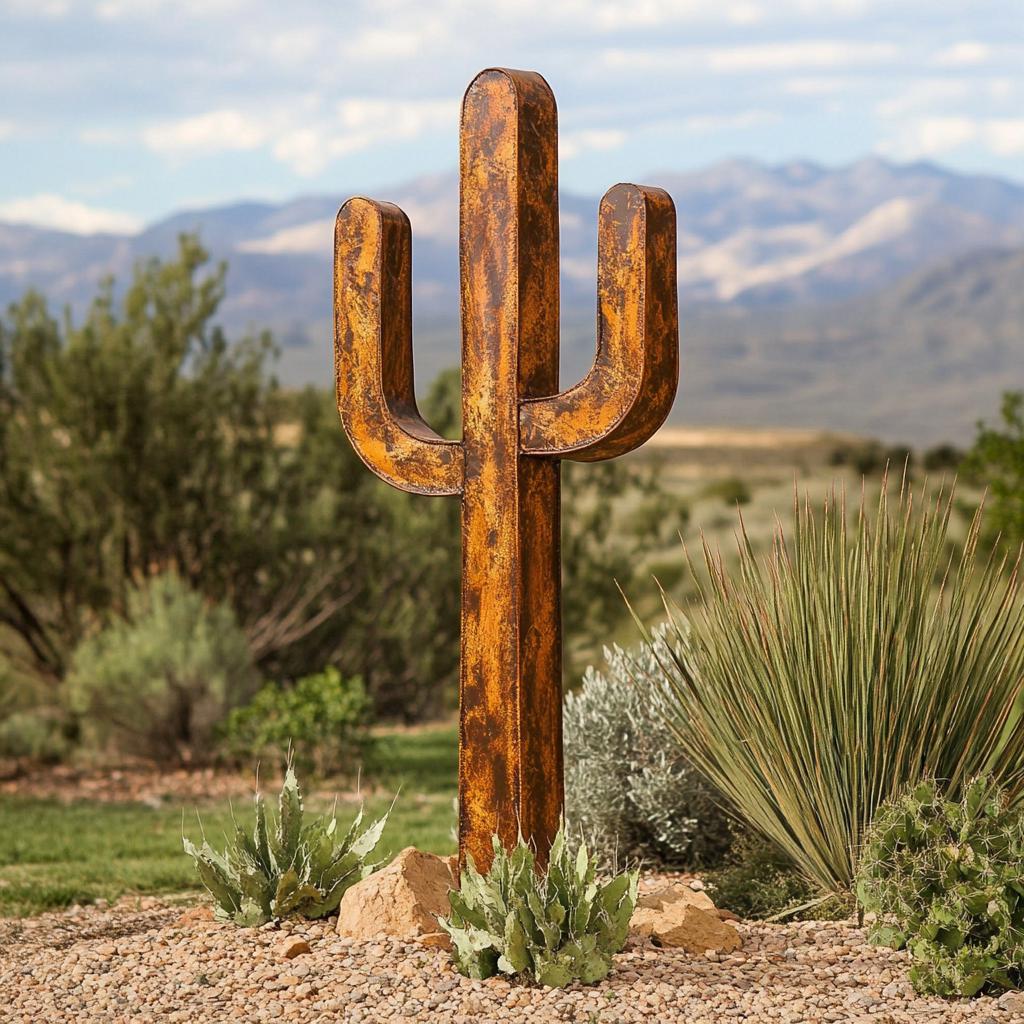 22" Rustic Steel Desert Cactus Sculpture - Garden Decor
