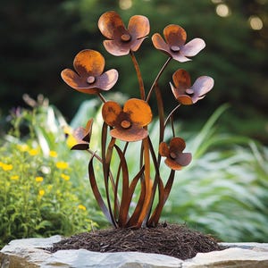 Rustikale Gartenskulptur aus Metall, Mohnblume