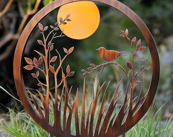 Rustic Metal Moonlit Bird Garden Sculpture - Garden Stake