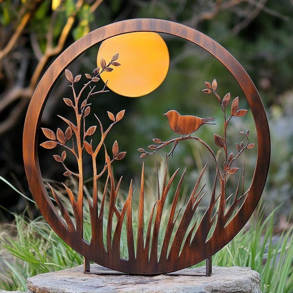 Rustic Metal Moonlit Bird Garden Sculpture - Garden Stake