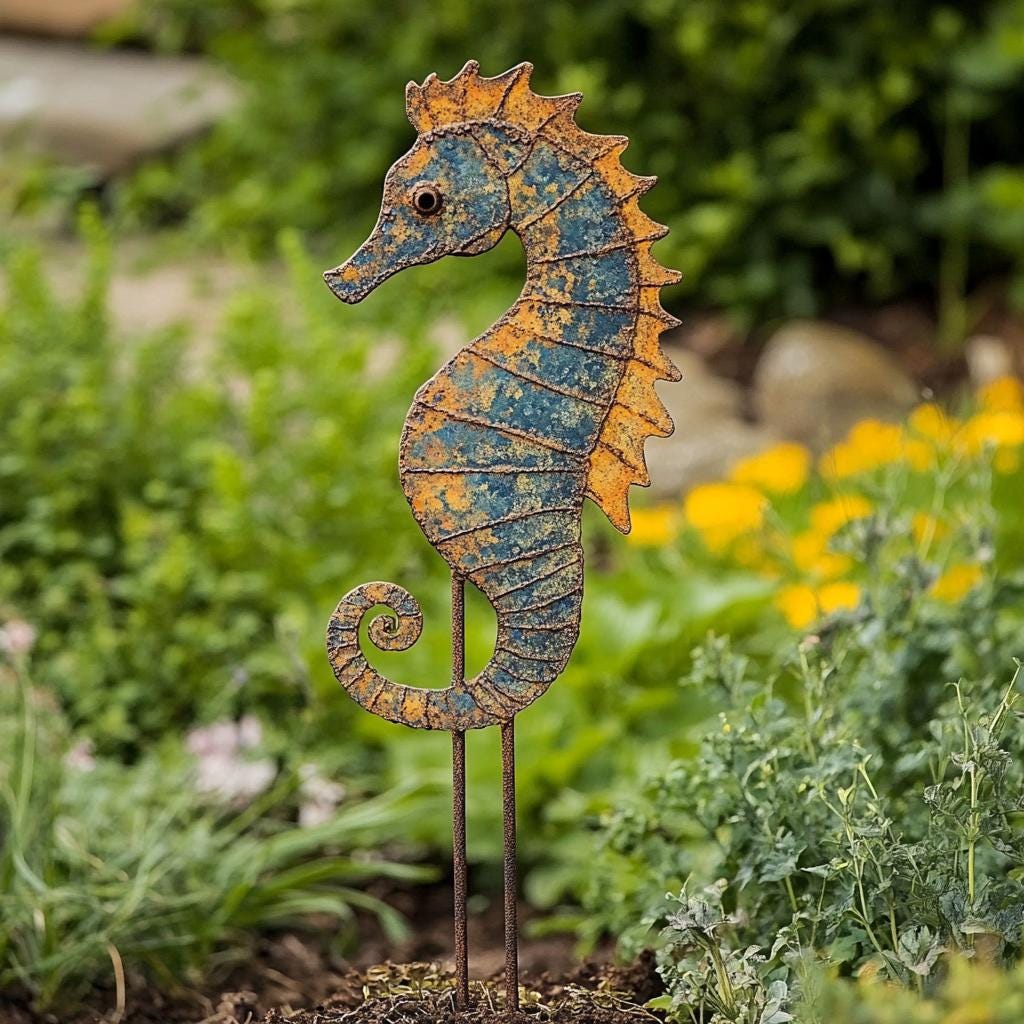 Vibrant Seahorse Metal Garden Sculpture: Oceanic Charm for Your