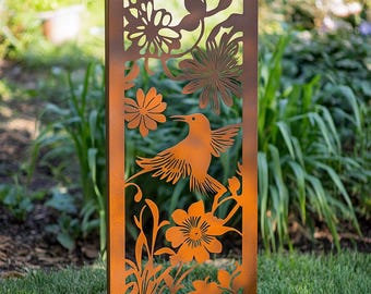 Rustic Hummingbird and Wildflower Metal Garden Panel - Garden Decor
