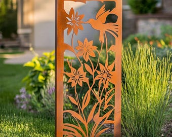 Rustic Hummingbirds and Flowers Metal Garden Panel - Garden Decor