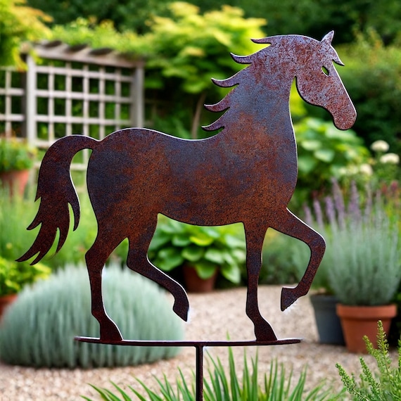 Rustic Metal Horse Sculpture - Garden Stakes