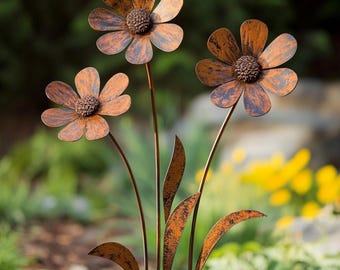 Rustic Metal Daisy Trio Garden Sculpture - Garden Stake