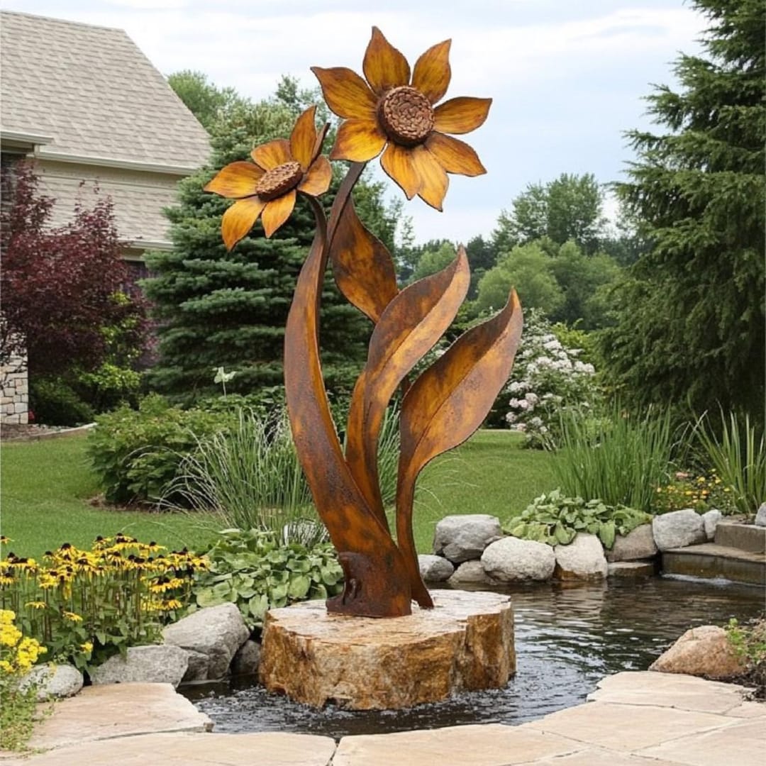 Twin Sunflower Metal Garden Sculpture - Garden Decor - Etsy