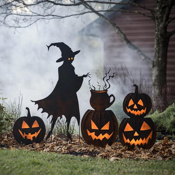 魔女とカボチャのハロウィンフラットメタルステークセット - ガーデン