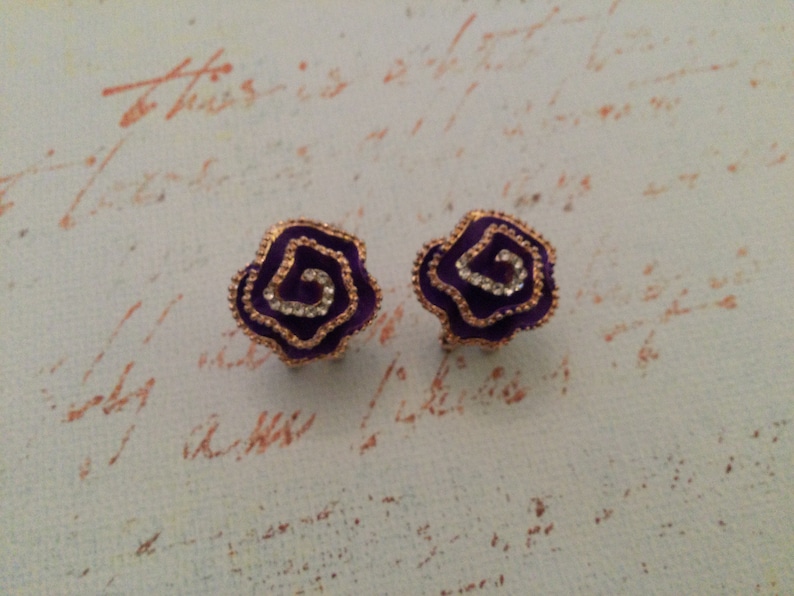 Purple and Gold Rose Flower Rhinestone Earrings