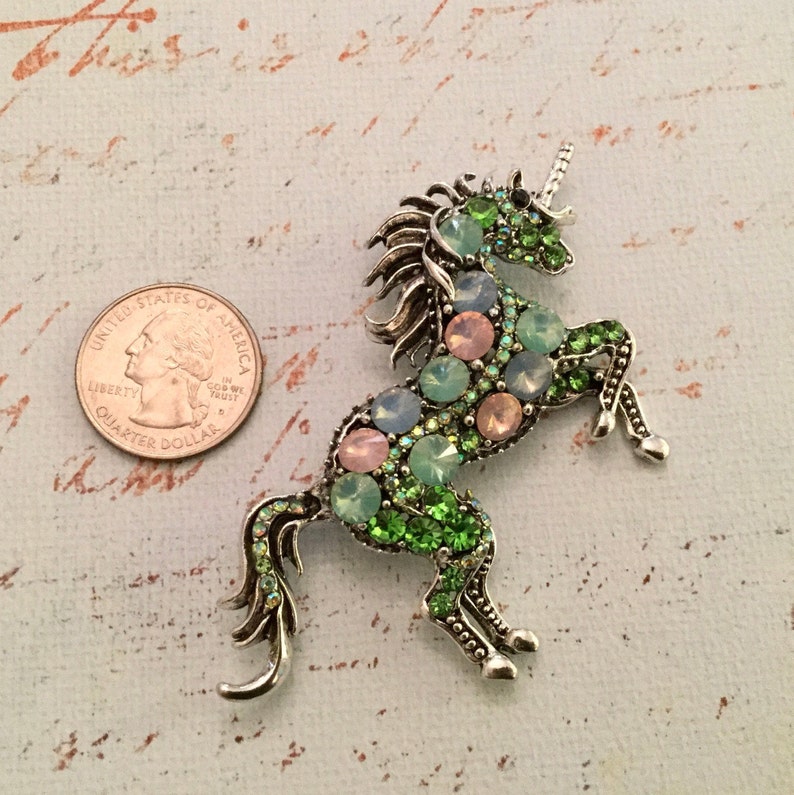 Green Crystal Rhinestone Unicorn Shaped BroochPin on Silver Tone Setting