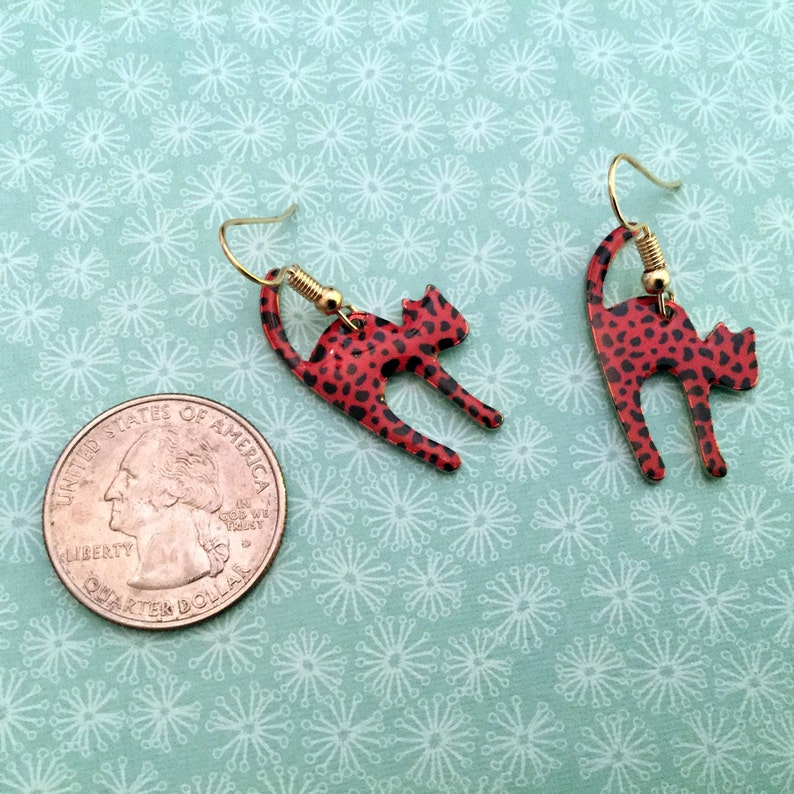 Red and Black Leopard Print Kitty Cat Gold Hanging Earrings with Rhinestone Posts
