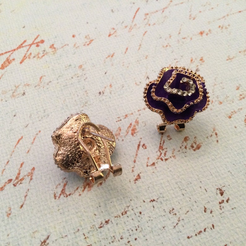 Purple and Gold Rose Flower Rhinestone Earrings