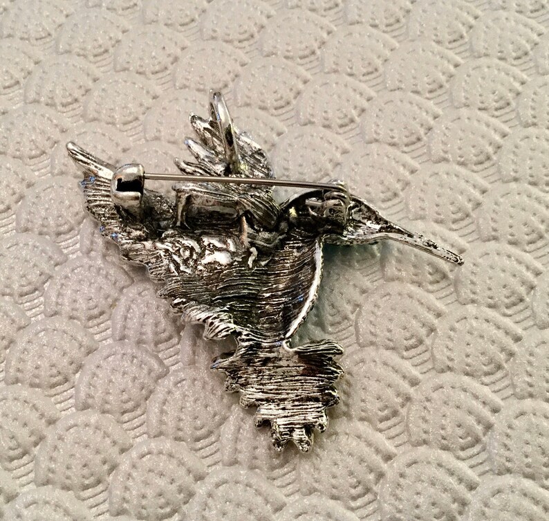 Yellow and Pink Hummingbird Shaped Silver Tone PinBrooch with Rhinestones Blue