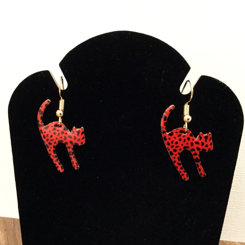 Red and Black Leopard Print Kitty Cat Gold Hanging Earrings with Rhinestone Posts