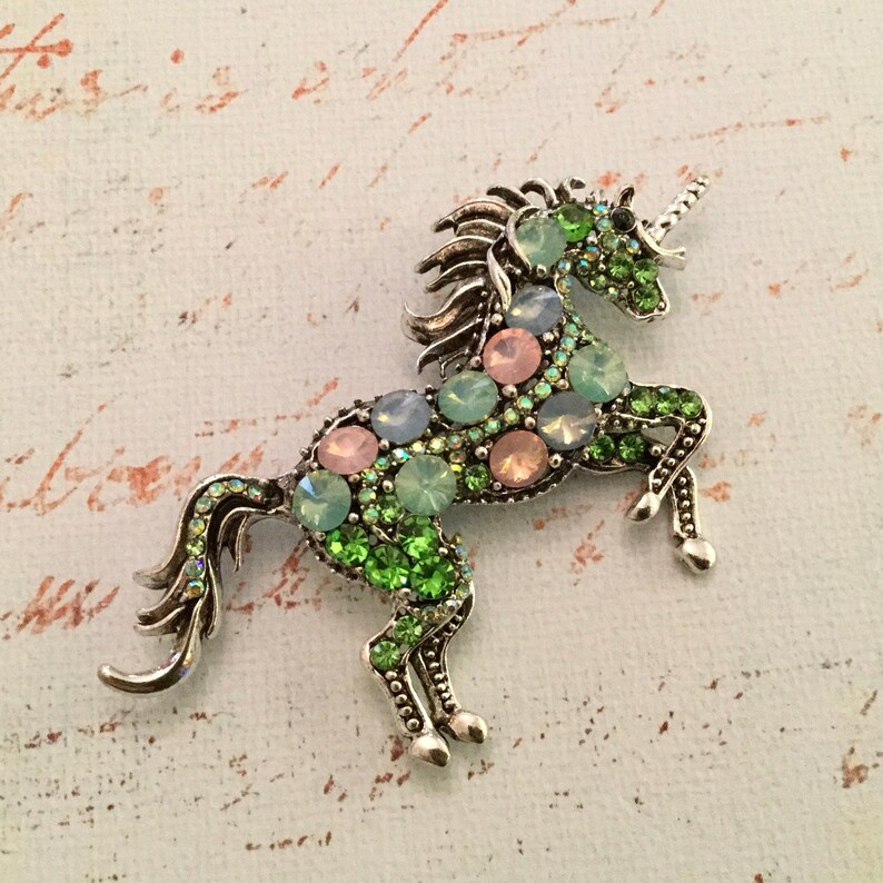 Green Crystal Rhinestone Unicorn Shaped BroochPin on Silver Tone Setting