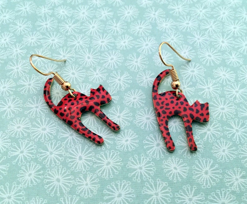 Red and Black Leopard Print Kitty Cat Gold Hanging Earrings with Rhinestone Posts