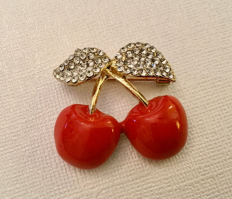 Adorable Gold and Red Double Cherries Fruit Shaped Rhinestone PinBrooch