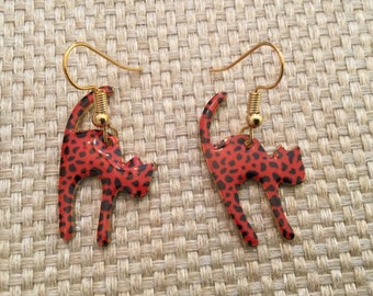 Red and Black Leopard Print Kitty Cat Gold Hanging Earrings with Rhinestone Posts
