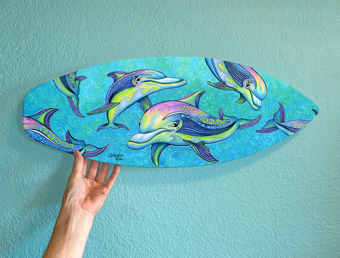 Surfboard Wall Art Rainbow Dolphin Ready to Hang Art Etsy